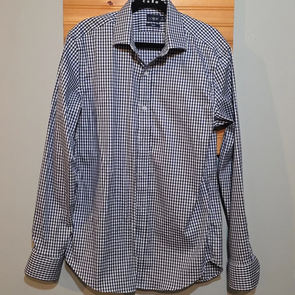 J. Crew Navy and White Men's Gingham Shirt Medium‎